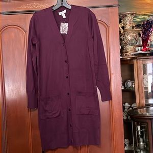 Denim & Co NWT Plum Color Stylish Long Button Down Cardigan Size XXS